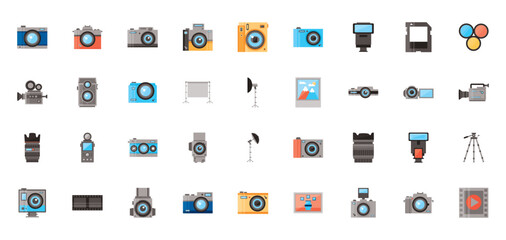 Set of vector icons of photo cameras on white background