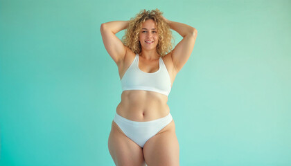 Beautiful young curvy woman dressed in white over an empty pastel background. Caucasian.