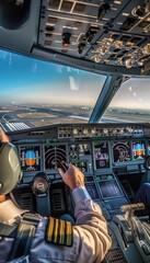 Obraz premium Pilot in Cockpit Prepares for Takeoff on Rainy Runway - Aviation Professional at Work