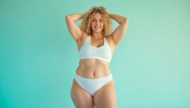 Beautiful young curvy woman dressed in white over an empty pastel background. Caucasian.