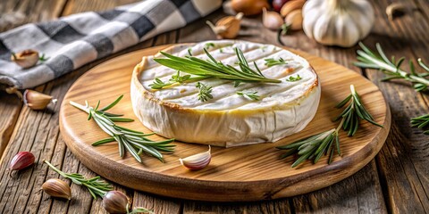 Gourmet Brie Cheese with Rosemary and Garlic on Rustic Wooden Cutting Board, brie , cheese , food