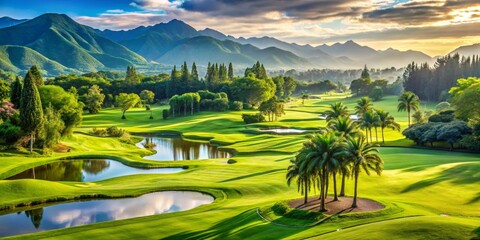 Fototapeta premium Golf Course Paradise with Mountain Views, Palm Trees, and Sunlit Sky, golf course, paradise, nature