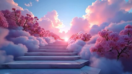 Stairway to Heaven with Pink Blossoms and Clouds