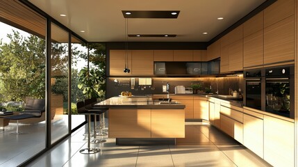 A kitchen with a large island and a window