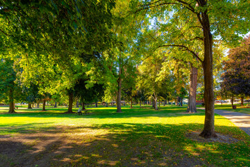 The lakefront City Park along the shores of Lake Coeur d'Alene at the Independence Point Fort Grounds downtown resort area in Coeur d'Alene, Idaho USA.