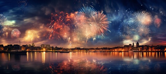 Obraz premium Silvester fireworks reflecting on the sea in a picturesque small city