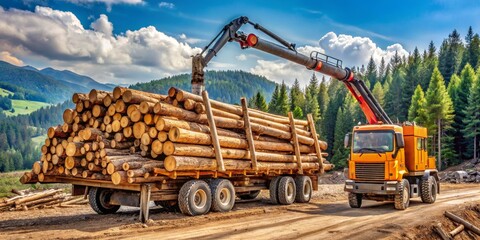 Obraz premium Log Truck Hauling Timber Through Mountain Pass, Logging, Forestry, Timber Industry