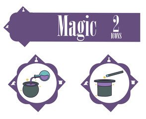 Set of magic vector icons with purple border and white background