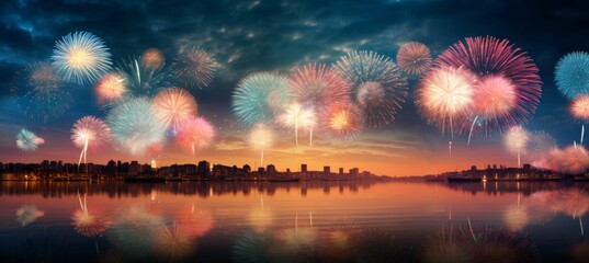 Obraz premium Dazzling Silvester fireworks over the water in a charming coastal city