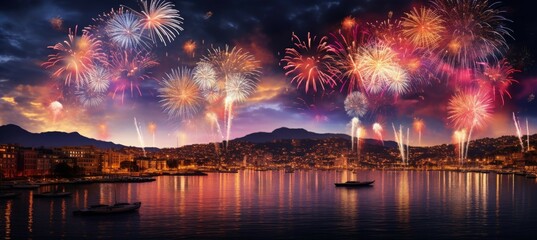 Dazzling Silvester fireworks over the water in a charming coastal city