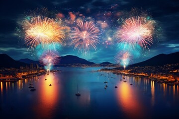 Fototapeta premium Spectacular fireworks illuminating the sea and sky of a little coastal town on New Year's Eve
