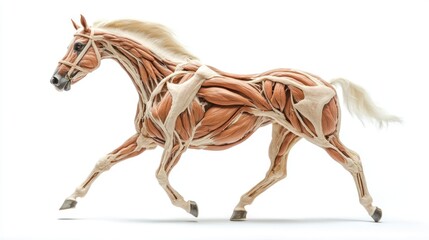 Anatomical Model of a Horse in Motion, Revealing Muscle Structure on white background