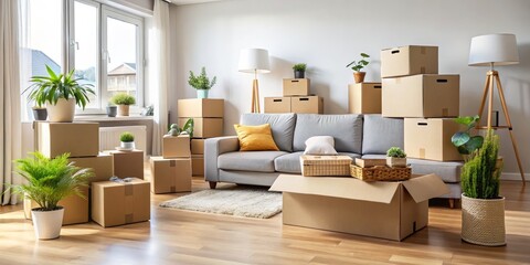 Moving Day in a New Home A Grey Sofa, Cardboard Boxes, and Plants, interior design, home decor, new home