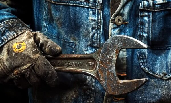 Close-up of worker holding rusty wrench