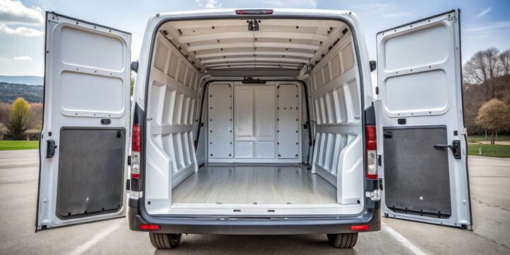 Open Cargo Van with Rear Doors, White, Cargo Van Interior, Delivery Vehicle, Transportation, Cargo Space, Commercial Vehicle