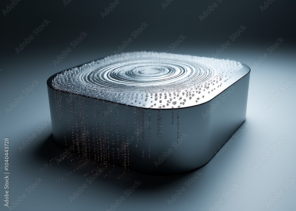 Poster Sleek metallic design showcases swirling patterns made from quantum computing inspired qubits on top surface of podium concept.