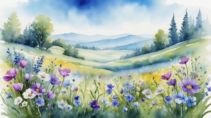 Fototapeta premium Serene autumn landscape with misty river and colorful trees in watercolor style