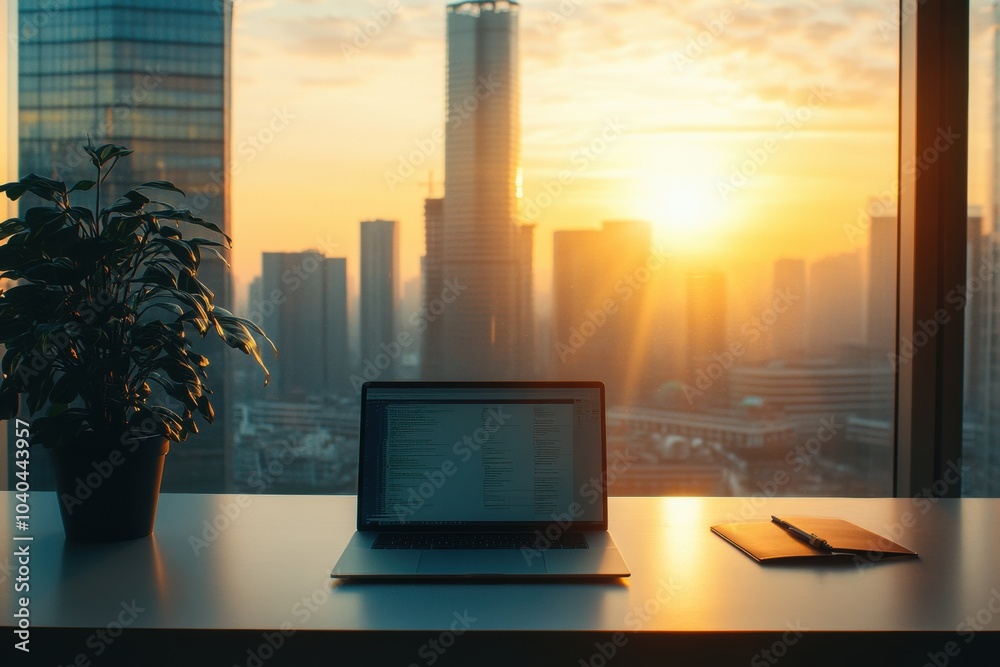 Poster the glare of the sun sets behind city skyscrapers while a laptop sits on a desk next to a plant and 