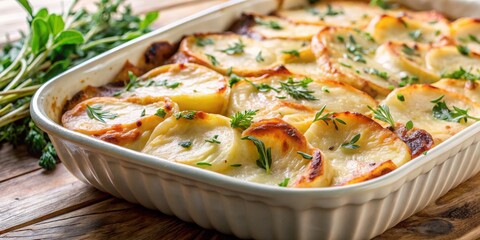 Potato Gratin in White Baking Dish with Fresh Herbs, Potato gratin, casserole, gratin, side dish