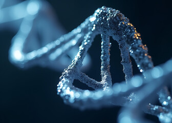 Sleek metallic structure for custom content creation in photo stock concepts featuring futuristic dna helix frames and holographic base pairs.