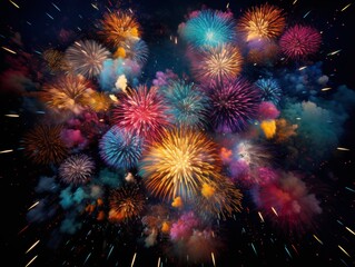 Fototapeta premium Spectacular midnight fireworks burst in dazzling colors against the dark sky