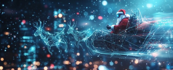 Santa Riding a Sleigh in Cyberpunk City Under a Starry Night Sky with Digital Reindeer