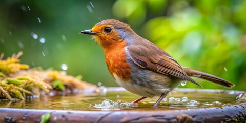 Robin Bird Bathing in a Stone Bird Bath, Bird, Nature, Water