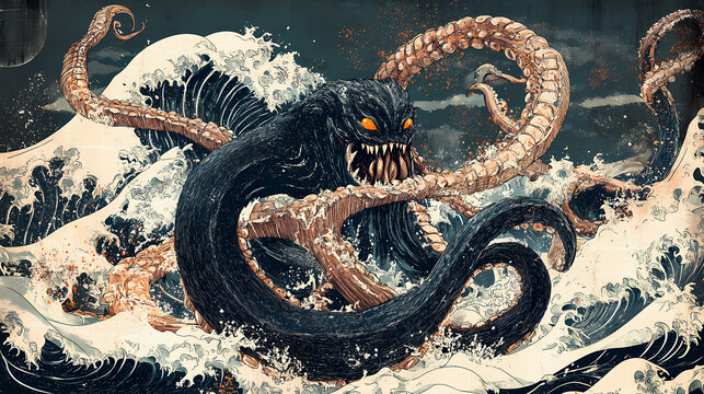 The kraken poster card cryptid illustration. giant mythical sea monster creature art. Kraken in the Deep. Illustration