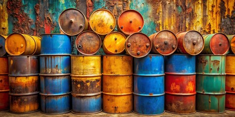 Fototapeta premium Rusty Oil Barrels Stacked Against a Multicolored Wall, Close-up Composition, Industrial, Storage, Waste, oil barrels, rust