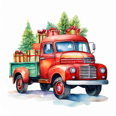 Watercolor vintage christmas car, Merry Christmas and Happy New Year Postcard or Poster or Flyer template with retro pickup truck with christmas tree and giftboxes. Vintage styled vector illustration.
