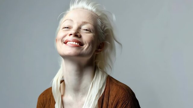 A woman with white hair and a tan sweater is smiling. She is wearing a white powder on her face