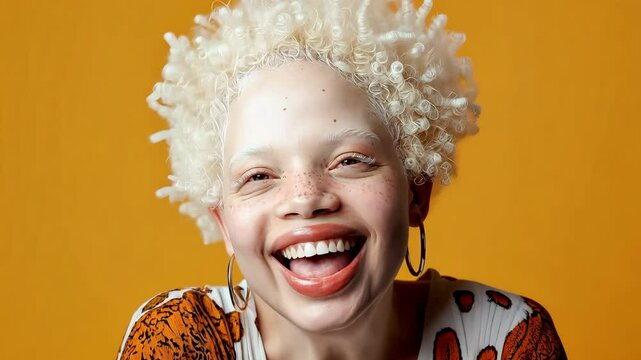 A woman with blonde hair and gold hoop earrings is smiling and posing for a picture. The image has a bright and cheerful mood, with the woman's smile and the orange and yellow colors of her outfit