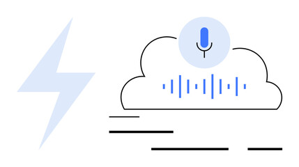 Cloud with a microphone above sound waves next to a lightning bolt. Ideal for technology, cloud computing, voice recognition, AI, data management. Simple flat style