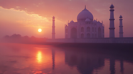 The majestic taj mahal at sunrise, with the soft light reflecting off the marble and the yamuna river in the background. Taj Mahal at Sunrise. Illustration