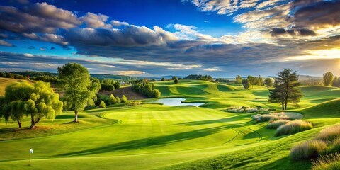 Obraz premium Sunset Over a Golf Course, Green Grass, Lush Landscape, Golf, Nature, Sports
