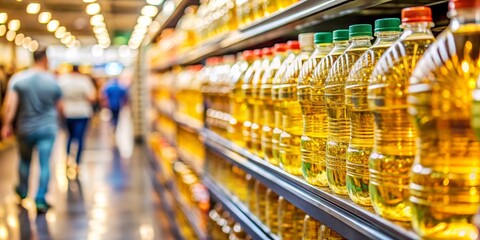 Supermarket Aisle With Rows of Bottles of Sunflower Oil, Supermarket, Shopping, Grocery Store, Oil