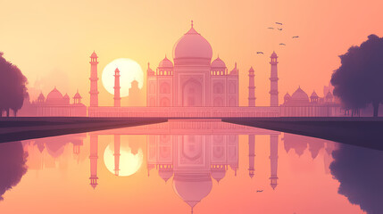 The taj mahal: a majestic reflection in india. Taj Mahal at Sunrise. Illustration