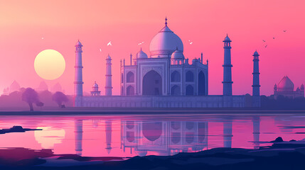 The taj mahal at sunrise, a majestic view. Taj Mahal at Sunrise. Illustration