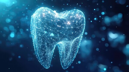Abstract Tooth Hologram on Blue Digital Background with Glowing Dots and AI Connections