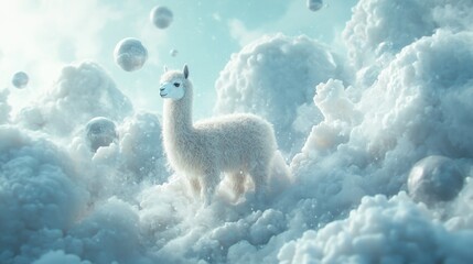 Fototapeta premium White Alpaca Standing on a Cloud with Floating Spheres