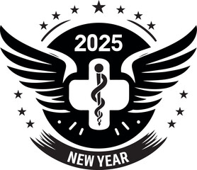 Happy New Year 2025 Medical Logo with Wings Silhouette Vector Design.