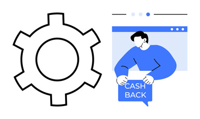 Large gear symbol next to a person holding a cashback sign in a web frame. Ideal for business, technology, finance, ecommerce, and customer rewards. Flat and modern style