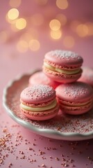 Fototapeta premium Pink macarons with white filling on a white plate with pink sprinkles.
