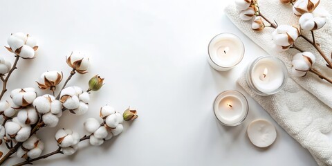 Fototapeta premium White Cotton and Candles on a White Background, Spa, Relax, Aromatic, Candlelight