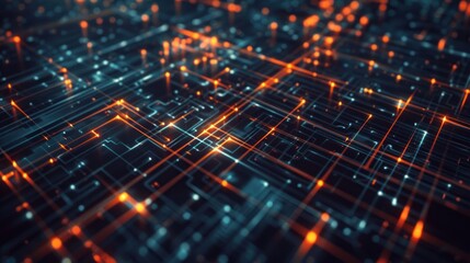 Obraz premium Abstract Digital Circuit Grid with Glowing Orange and Blue Lines, Representing Technology and Data Flow