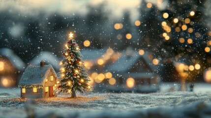 Cozy Christmas decoration with mini Christmas tree and lights on snowy background