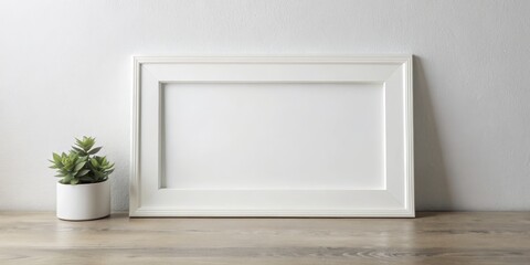 Fototapeta premium White Frame Mockup with Green Plant on Wooden Table, mockup, frame, plant,