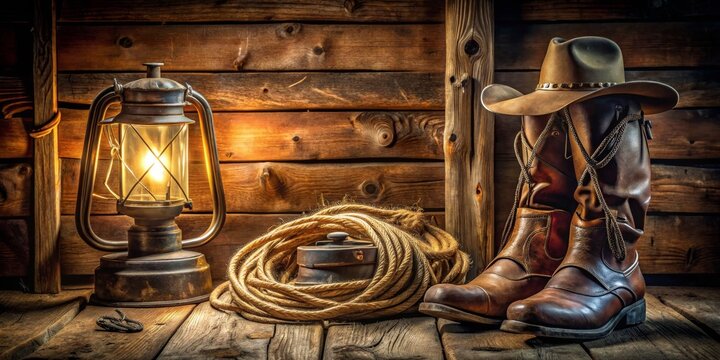 Western Rustic Still Life Lantern, Cowboy Boots, and Rope on Rustic Wood, Cowboy, Rustic, Still Life