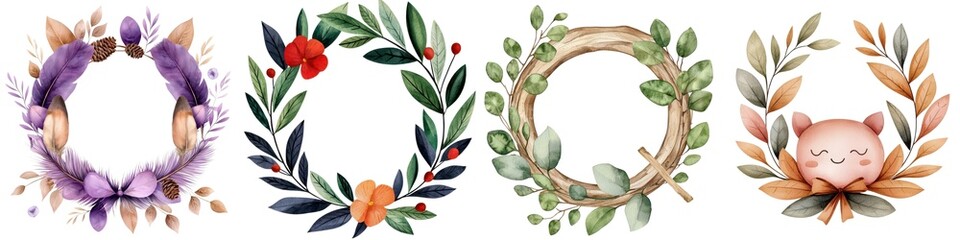 Fototapeta premium Beautiful floral wreaths with colorful leaves and vibrant flowers, white isolated background.