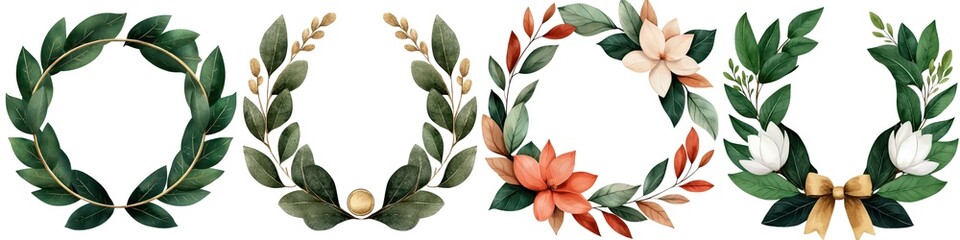 Fototapeta premium Beautiful floral wreaths with green leaves and colorful blooms, white isolated background.